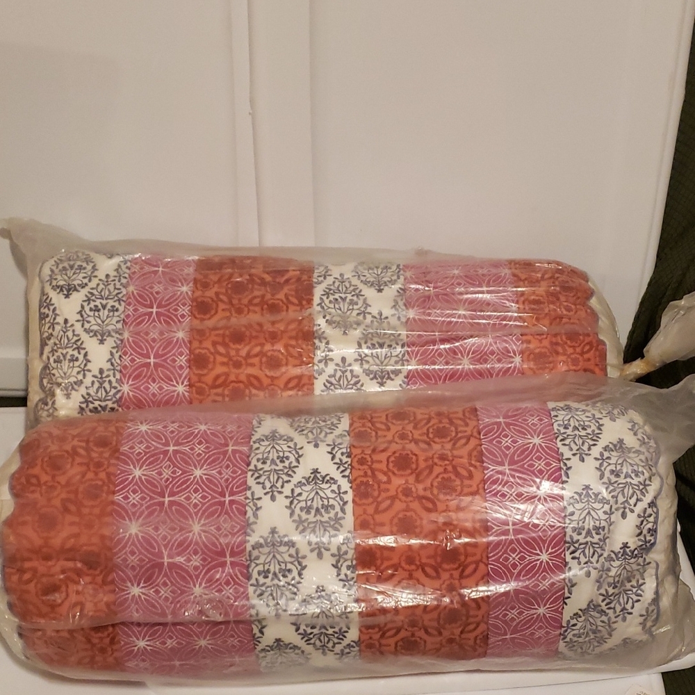 Sky Striped Patchwork Quilted Bolster Pillows in Pink, Orange & White